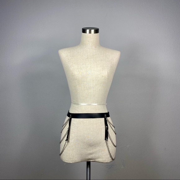 Black Leather Waist Harness Belt w/ Chain main image 6